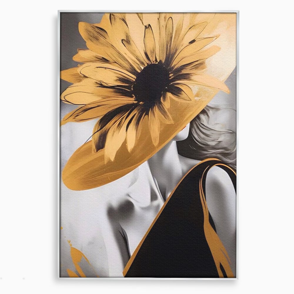Tablou canvas cu tablou canvas cu portret de femeie si floarea-soarelui, in rama de aluminiu argintiu